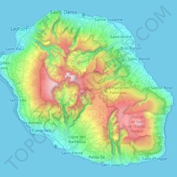 Mappa topografica Réunion, altitudine, rilievo