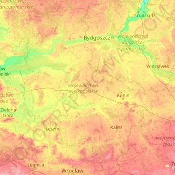 Mappa topografica Grande Polonia, altitudine, rilievo