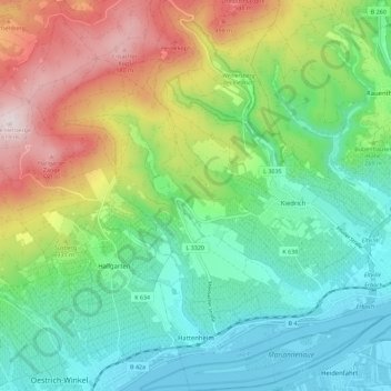 Mappa topografica Hattenheim, altitudine, rilievo