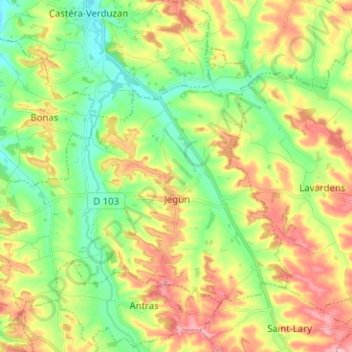 Mappa topografica Jegun, altitudine, rilievo