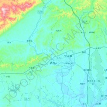Mappa topografica 桥西乡, altitudine, rilievo