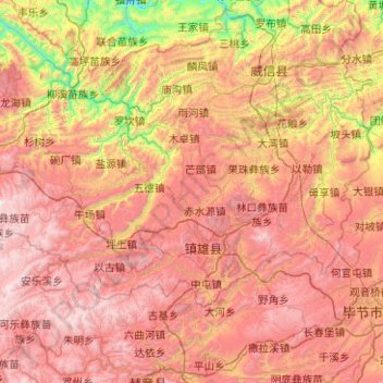 Mappa topografica 镇雄县, altitudine, rilievo