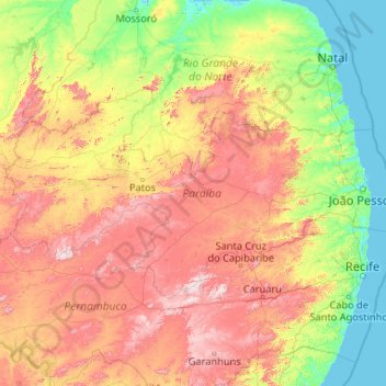 Mappa topografica Paraíba, altitudine, rilievo