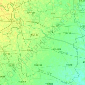 Mappa topografica 香河县, altitudine, rilievo