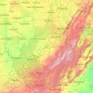 Mappa topografica West Virginia, altitudine, rilievo
