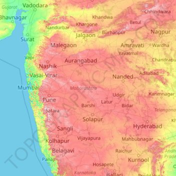 Mappa topografica Maharashtra, altitudine, rilievo