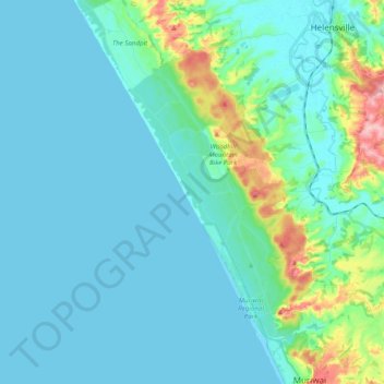 Mappa topografica Muriwai Beach, altitudine, rilievo