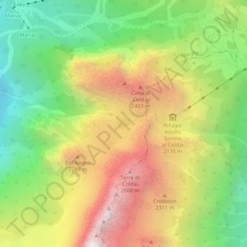 Mappa topografica Lago di Coldai, altitudine, rilievo