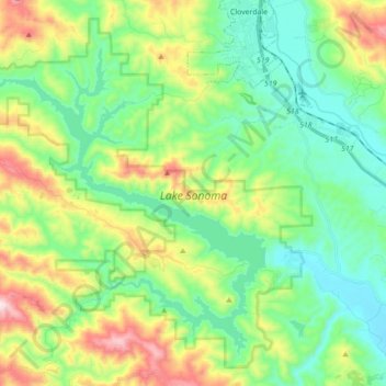 Mappa topografica Lake Sonoma, altitudine, rilievo