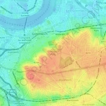 Mappa topografica Greenwich Park, altitudine, rilievo