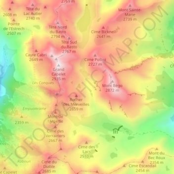 Mappa topografica Zone réglementée des Merveilles, altitudine, rilievo