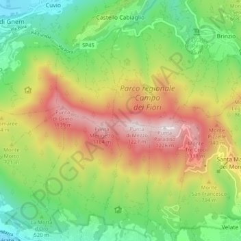 Mappa topografica Campo dei Fiori, altitudine, rilievo