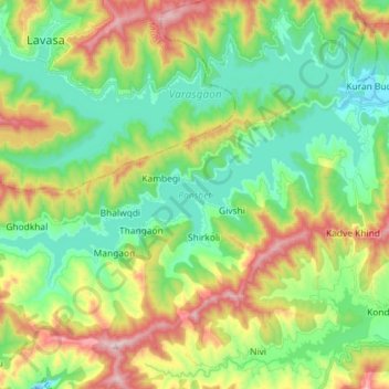 Mappa topografica Panshet, altitudine, rilievo