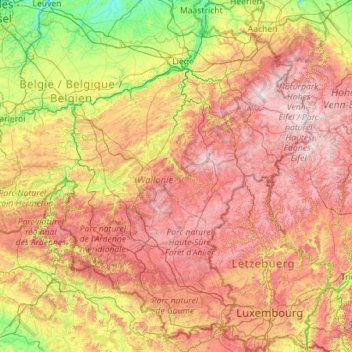 Mappa topografica Ardennen, altitudine, rilievo