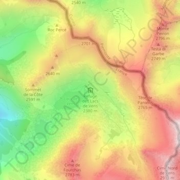 Mappa topografica Refuge des Lacs de Vens, altitudine, rilievo