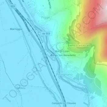 Mappa topografica Fiume Clitunno, altitudine, rilievo