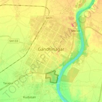 Mappa topografica Gandhinagar, altitudine, rilievo