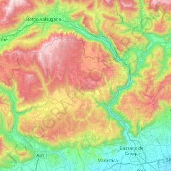Mappa topografica Altopiano dei Sette Comuni, altitudine, rilievo