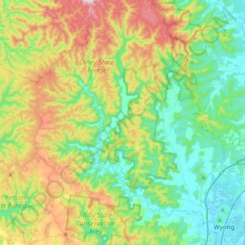 Mappa topografica Wyong River, altitudine, rilievo