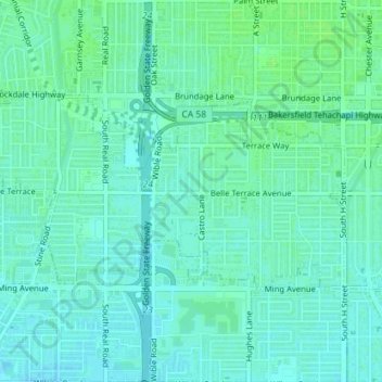 Mappa topografica City of Bakersfield, altitudine, rilievo