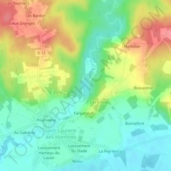 Mappa topografica Farganaud, altitudine, rilievo