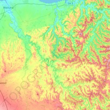 Mappa topografica Waitara River, altitudine, rilievo