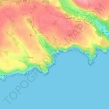 Mappa topografica Porthcurno, altitudine, rilievo