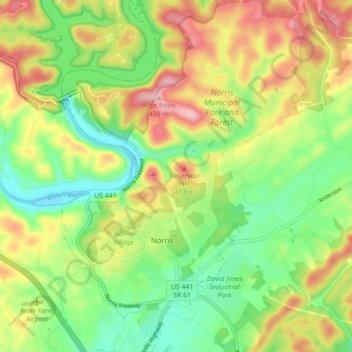 Mappa topografica Norris Municipal Limits, altitudine, rilievo