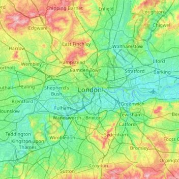 Mappa topografica Londra, altitudine, rilievo