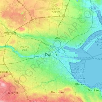 Mappa topografica Dublino, altitudine, rilievo