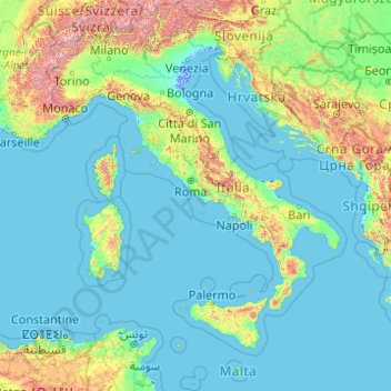 Mappa topografica Italia, altitudine, rilievo